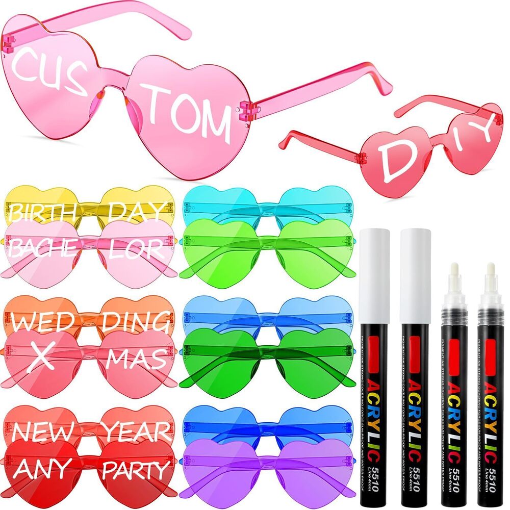 8928 12 Pcs Personalized Heart Shaped Sunglasses Bulk Rimless Heart Glasses